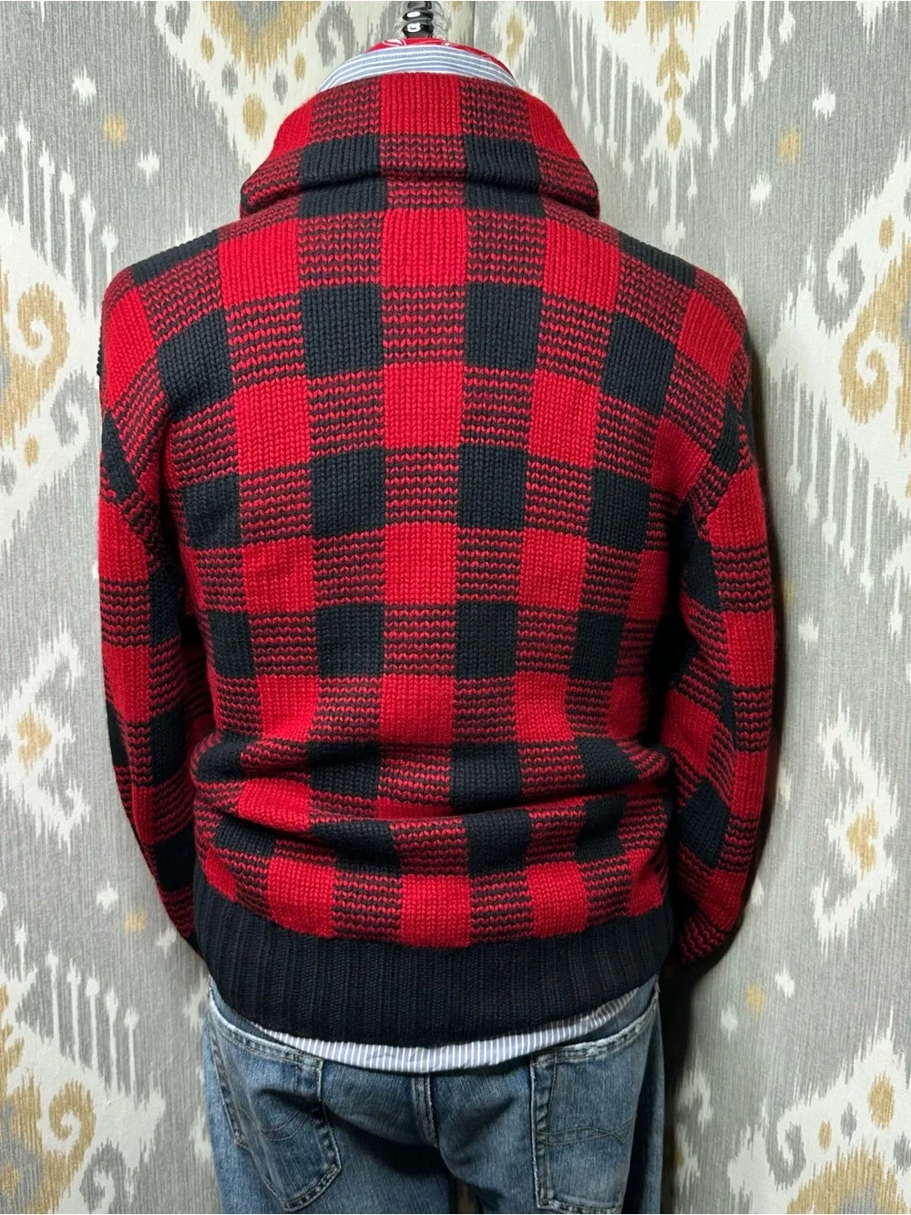 Polo Ralph Lauren Red Buffalo Check Plaid Cashmere Shawl Collar Sweater